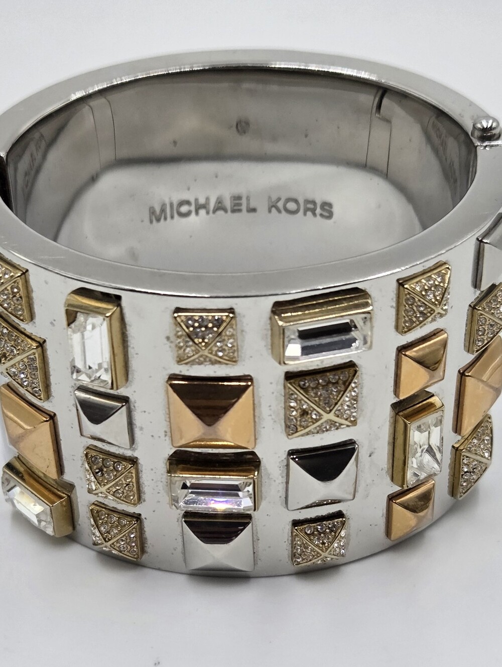 Michael Kors Mixed Metal Studded Hinge Cuff Silver Tone Bracelet